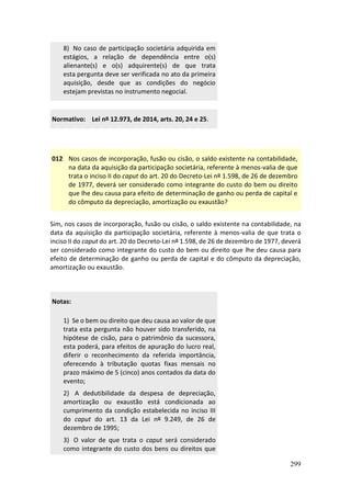 299
8) No caso de participação societária adquirida em
estágios, a relação de dependência entre o(s)
alienante(s) e o(s) adquirente(s) de que trata
esta pergunta deve ser verificada no ato da primeira
aquisição, desde que as condições do negócio
estejam previstas no instrumento negocial.
Normativo: Lei nº 12.973, de 2014, arts. 20, 24 e 25.
012 Nos casos de incorporação, fusão ou cisão, o saldo existente na contabilidade,
na data da aquisição da participação societária, referente à menos-valia de que
trata o inciso II do caput do art. 20 do Decreto-Lei nº 1.598, de 26 de dezembro
de 1977, deverá ser considerado como integrante do custo do bem ou direito
que lhe deu causa para efeito de determinação de ganho ou perda de capital e
do cômputo da depreciação, amortização ou exaustão?
Sim, nos casos de incorporação, fusão ou cisão, o saldo existente na contabilidade, na
data da aquisição da participação societária, referente à menos-valia de que trata o
inciso II do caput do art. 20 do Decreto-Lei nº 1.598, de 26 de dezembro de 1977, deverá
ser considerado como integrante do custo do bem ou direito que lhe deu causa para
efeito de determinação de ganho ou perda de capital e do cômputo da depreciação,
amortização ou exaustão.
Notas:
1) Se o bem ou direito que deu causa ao valor de que
trata esta pergunta não houver sido transferido, na
hipótese de cisão, para o patrimônio da sucessora,
esta poderá, para efeitos de apuração do lucro real,
diferir o reconhecimento da referida importância,
oferecendo à tributação quotas fixas mensais no
prazo máximo de 5 (cinco) anos contados da data do
evento;
2) A dedutibilidade da despesa de depreciação,
amortização ou exaustão está condicionada ao
cumprimento da condição estabelecida no inciso III
do caput do art. 13 da Lei nº 9.249, de 26 de
dezembro de 1995;
3) O valor de que trata o caput será considerado
como integrante do custo dos bens ou direitos que
 