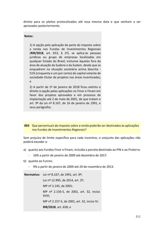 311
direito para os pleitos protocolizados até essa mesma data e que venham a ser
aprovados posteriormente.
Notas:
1) A opção pela aplicação de parte do imposto sobre
a renda nos Fundos de Investimentos Regionais
(RIR/2018, art. 653, § 2º), se aplica às pessoas
jurídicas ou grupo de empresas localizadas em
qualquer Estado do Brasil, inclusive àquelas fora da
área de atuação da Sudene e da Sudam, desde que se
enquadrem na situação societária acima descrita -
51% (cinquenta e um por cento) do capital votante de
sociedade titular de projetos nas áreas incentivadas;
e
2) A partir de 1º de janeiro de 2018 ficou extinto o
direito à opção pelas aplicações no Finor e Finam em
favor dos projetos aprovados e em processo de
implantação até 2 de maio de 2001, de que tratam o
art. 9º da Lei nº 8.167, de 16 de janeiro de 1991, e
seus parágrafos.
003 Que percentuais do imposto sobre a renda poderão ser destinados às aplicações
nos Fundos de Investimentos Regionais?
Sem prejuízo de limite específico para cada incentivo, o conjunto das aplicações não
poderá exceder a:
a) quanto aos Fundos Finor e Finam, incluída a parcela destinada ao PIN e ao Proterra:
- 10% a partir de janeiro de 2009 até dezembro de 2017.
b) quanto ao Funres:
- 9% a partir de janeiro de 2009 até 29 de novembro de 2013.
Normativo: Lei nº 8.167, de 1991, art. 9º;
Lei nº 12.995, de 2014, art. 2º;
MP nº 2.145, de 2001;
MP nº 2.156-5, de 2001, art. 32, inciso
XVIII;
MP nº 2.157-5, de 2001, art. 32, inciso IV;
RIR/2018, art. 658; e
 