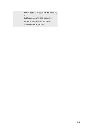 319
MP nº 2.157-5, de 2001, art. 32, inciso IV,
e
RIR/2018, arts. 653, 655, 656 e 673;
IN SRF nº 267, de 2002, art. 105; e
ADN COSIT nº 26, de 1985.
 