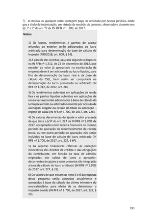 393
7) as multas ou qualquer outra vantagem paga ou creditada por pessoa jurídica, ainda
que a título de indenização, em virtude de rescisão de contrato, observado o disposto nos
§§ 1º e 2º do art. 79 da IN RFB nº 1.700, de 2017.
Notas:
1) Os lucros, rendimentos e ganhos de capital
oriundos do exterior serão adicionados ao lucro
arbitrado para determinação da base de cálculo do
imposto (RIR/2018, art. 609, § 14).
2) A parcela das receitas, apurada segundo o disposto
na IN RFB nº 1.312, de 22 de dezembro de 2012, que
exceder ao valor já apropriado na escrituração da
empresa deverá ser adicionada ao lucro líquido, para
fins de determinação do lucro real e da base de
cálculo da CSLL, bem assim ser computada na
determinação do lucro presumido ou arbitrado (IN
RFB nº 1.312, de 2012, art. 28).
3) Os rendimentos auferidos em aplicações de renda
fixa e os ganhos líquidos auferidos em aplicações de
renda variável serão adicionados à base de cálculo do
lucro presumido ou arbitrado somente por ocasião da
alienação, resgate ou cessão do título ou aplicação –
regime de caixa (IN RFB nº 1.700, de 2017, art. 228).
4) Os valores decorrentes do ajuste a valor presente
de que trata o § 5º do art. 227 da IN RFB nº 1.700, de
2017, apropriados como receita financeira no mesmo
período de apuração do reconhecimento da receita
bruta, ou em outro período de apuração, não serão
incluídos na base de cálculo do lucro arbitrado (IN
RFB nº 1.700, de 2017, art. 227, § 6º).
5) As receitas financeiras relativas às variações
monetárias dos direitos de crédito e das obrigações
do contribuinte, em função da taxa de câmbio,
originadas dos saldos de juros a apropriar,
decorrentes de ajuste a valor presente não integrarão
a base de cálculo do lucro arbitrado (IN RFB nº 1.700,
de 2017, art. 227, § 31).
6) Os valores de que tratam os itens 5 e 6 da resposta
desta pergunta serão apurados anualmente e
acrescidos à base de cálculo do último trimestre do
ano-calendário, para efeito de se determinar o
imposto devido (IN RFB nº 1.700, de 2017, art. 227, §
20).
 