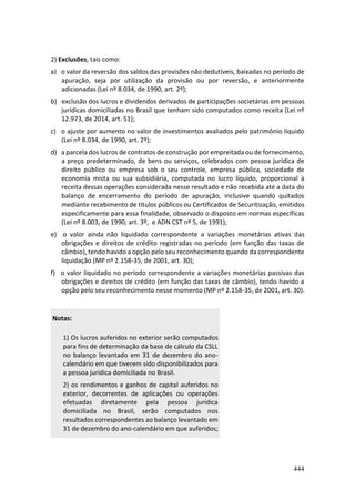 444
2) Exclusões, tais como:
a) o valor da reversão dos saldos das provisões não dedutíveis, baixadas no período de
apuração, seja por utilização da provisão ou por reversão, e anteriormente
adicionadas (Lei nº 8.034, de 1990, art. 2º);
b) exclusão dos lucros e dividendos derivados de participações societárias em pessoas
jurídicas domiciliadas no Brasil que tenham sido computados como receita (Lei nº
12.973, de 2014, art. 51);
c) o ajuste por aumento no valor de investimentos avaliados pelo patrimônio líquido
(Lei nº 8.034, de 1990, art. 2º);
d) a parcela dos lucros de contratos de construção por empreitada ou de fornecimento,
a preço predeterminado, de bens ou serviços, celebrados com pessoa jurídica de
direito público ou empresa sob o seu controle, empresa pública, sociedade de
economia mista ou sua subsidiária, computada no lucro líquido, proporcional à
receita dessas operações considerada nesse resultado e não recebida até a data do
balanço de encerramento do período de apuração, inclusive quando quitados
mediante recebimento de títulos públicos ou Certificados de Securitização, emitidos
especificamente para essa finalidade, observado o disposto em normas específicas
(Lei nº 8.003, de 1990, art. 3º, e ADN CST nº 5, de 1991);
e) o valor ainda não liquidado correspondente a variações monetárias ativas das
obrigações e direitos de crédito registradas no período (em função das taxas de
câmbio), tendo havido a opção pelo seu reconhecimento quando da correspondente
liquidação (MP nº 2.158-35, de 2001, art. 30);
f) o valor liquidado no período correspondente a variações monetárias passivas das
obrigações e direitos de crédito (em função das taxas de câmbio), tendo havido a
opção pelo seu reconhecimento nesse momento (MP nº 2.158-35, de 2001, art. 30).
Notas:
1) Os lucros auferidos no exterior serão computados
para fins de determinação da base de cálculo da CSLL
no balanço levantado em 31 de dezembro do ano-
calendário em que tiverem sido disponibilizados para
a pessoa jurídica domiciliada no Brasil.
2) os rendimentos e ganhos de capital auferidos no
exterior, decorrentes de aplicações ou operações
efetuadas diretamente pela pessoa jurídica
domiciliada no Brasil, serão computados nos
resultados correspondentes ao balanço levantado em
31 de dezembro do ano-calendário em que auferidos;
 