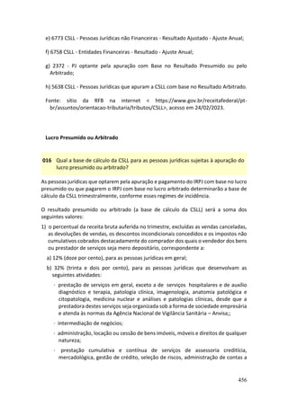 456
e) 6773 CSLL - Pessoas Jurídicas não Financeiras - Resultado Ajustado - Ajuste Anual;
f) 6758 CSLL - Entidades Financeiras - Resultado - Ajuste Anual;
g) 2372 - PJ optante pela apuração com Base no Resultado Presumido ou pelo
Arbitrado;
h) 5638 CSLL - Pessoas Jurídicas que apuram a CSLL com base no Resultado Arbitrado.
Fonte: sítio da RFB na internet < https://www.gov.br/receitafederal/pt-
br/assuntos/orientacao-tributaria/tributos/CSLL>, acesso em 24/02/2023.
Lucro Presumido ou Arbitrado
016 Qual a base de cálculo da CSLL para as pessoas jurídicas sujeitas à apuração do
lucro presumido ou arbitrado?
As pessoas jurídicas que optarem pela apuração e pagamento do IRPJ com base no lucro
presumido ou que pagarem o IRPJ com base no lucro arbitrado determinarão a base de
cálculo da CSLL trimestralmente, conforme esses regimes de incidência.
O resultado presumido ou arbitrado (a base de cálculo da CSLL) será a soma dos
seguintes valores:
1) o percentual da receita bruta auferida no trimestre, excluídas as vendas canceladas,
as devoluções de vendas, os descontos incondicionais concedidos e os impostos não
cumulativos cobrados destacadamente do comprador dos quais o vendedor dos bens
ou prestador de serviços seja mero depositário, correspondente a:
a) 12% (doze por cento), para as pessoas jurídicas em geral;
b) 32% (trinta e dois por cento), para as pessoas jurídicas que desenvolvam as
seguintes atividades:
· prestação de serviços em geral, exceto a de serviços hospitalares e de auxílio
diagnóstico e terapia, patologia clínica, imagenologia, anatomia patológica e
citopatologia, medicina nuclear e análises e patologias clínicas, desde que a
prestadora destes serviços seja organizada sob a forma de sociedade empresária
e atenda às normas da Agência Nacional de Vigilância Sanitária – Anvisa;;
· intermediação de negócios;
· administração, locação ou cessão de bens imóveis, móveis e direitos de qualquer
natureza;
· prestação cumulativa e contínua de serviços de assessoria creditícia,
mercadológica, gestão de crédito, seleção de riscos, administração de contas a
 