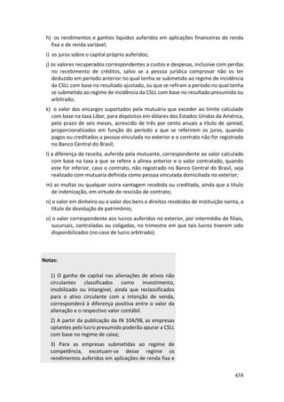 458
h) os rendimentos e ganhos líquidos auferidos em aplicações financeiras de renda
fixa e de renda variável;
i) os juros sobre o capital próprio auferidos;
j) os valores recuperados correspondentes a custos e despesas, inclusive com perdas
no recebimento de créditos, salvo se a pessoa jurídica comprovar não os ter
deduzido em período anterior no qual tenha se submetido ao regime de incidência
da CSLL com base no resultado ajustado, ou que se refiram a período no qual tenha
se submetido ao regime de incidência da CSLL com base no resultado presumido ou
arbitrado;
k) o valor dos encargos suportados pela mutuária que exceder ao limite calculado
com base na taxa Libor, para depósitos em dólares dos Estados Unidos da América,
pelo prazo de seis meses, acrescido de três por cento anuais a título de spread,
proporcionalizados em função do período a que se referirem os juros, quando
pagos ou creditados a pessoa vinculada no exterior e o contrato não for registrado
no Banco Central do Brasil;
l) a diferença de receita, auferida pela mutuante, correspondente ao valor calculado
com base na taxa a que se refere a alínea anterior e o valor contratado, quando
este for inferior, caso o contrato, não registrado no Banco Central do Brasil, seja
realizado com mutuaria definida como pessoa vinculada domiciliada no exterior;
m) as multas ou qualquer outra vantagem recebida ou creditada, ainda que a título
de indenização, em virtude de rescisão de contrato;
n) o valor em dinheiro ou o valor dos bens e direitos recebidos de instituição isenta, a
título de devolução de patrimônio;
o) o valor correspondente aos lucros auferidos no exterior, por intermédio de filiais,
sucursais, controladas ou coligadas, no trimestre em que tais lucros tiverem sido
disponibilizados (no caso de lucro arbitrado).
Notas:
1) O ganho de capital nas alienações de ativos não
circulantes classificados como investimento,
imobilizado ou intangível, ainda que reclassificados
para o ativo circulante com a intenção de venda,
corresponderá à diferença positiva entre o valor da
alienação e o respectivo valor contábil.
2) A partir da publicação da IN 104/98, as empresas
optantes pelo lucro presumido poderão apurar a CSLL
com base no regime de caixa;
3) Para as empresas submetidas ao regime de
competência, excetuam-se desse regime os
rendimentos auferidos em aplicações de renda fixa e
 