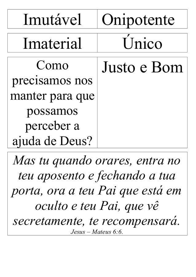 Imutável Onipotente
Imaterial Único
Como
precisamos nos
manter para que
possamos
perceber a
ajuda de Deus?
Justo e Bom
Mas...