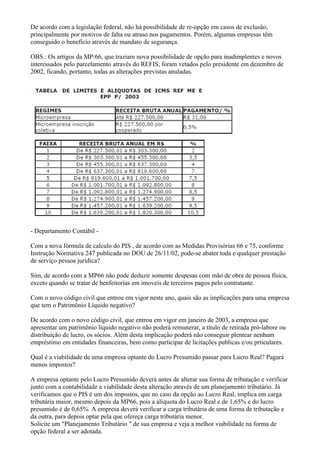 De acordo com a legislação federal, não há possibilidade de re-opção em casos de exclusão,
principalmente por motivos de falta ou atraso nos pagamentos. Porém, algumas empresas têm
conseguido o benefício através de mandato de segurança.

OBS.: Os artigos da MP/66, que traziam nova possibilidade de opção para inadimplentes e novos
interessados pelo parcelamento através do REFIS, foram vetados pelo presidente em dezembro de
2002, ficando, portanto, todas as alterações previstas anuladas.




- Departamento Contábil -

Com a nova fórmula de calculo do PIS , de acordo com as Medidas Provisórias 66 e 75, conforme
Instrução Normativa 247 publicada no DOU de 26/11/02, pode-se abater toda e qualquer prestação
de serviço pessoa jurídica?

Sim, de acordo com a MP66 não pode deduzir somente despesas com mão de obra de pessoa física,
exceto quando se tratar de benfeitorias em imoveis de terceiros pagos pelo contratante.

Com o novo código civil que entrou em vigor neste ano, quais são as implicações para uma empresa
que tem o Patrimônio Líquido negativo?

De acordo com o novo código civil, que entrou em vigor em janeiro de 2003, a empresa que
apresentar um patrimônio líquido negativo não poderá remunerar, a título de retirada pró-labore ou
distribuição de lucro, os sócios. Além desta implicação poderá não conseguir plentear nenhum
empréstimo em entidades financeiras, bem como participar de licitações publicas e/ou prticulares.

Qual é a viabilidade de uma empresa optante do Lucro Presumido passar para Lucro Real? Pagará
menos impostos?

A empresa optante pelo Lucro Presumido deverá antes de alterar sua forma de tributação e verificar
junto com a contabilidade a viabilidade desta alteração através de um planejamento tributário. Já
verificamos que o PIS é um dos impostos, que no caso da opção ao Lucro Real, implica em carga
tributária maior, mesmo depois da MP66, pois a alíquota do Lucro Real e de 1,65% e do lucro
presumido é de 0,65%. A empresa deverá verificar a carga tributária de uma forma de tributação e
da outra, para depois optar pela que ofereça carga tributária menor.
Solicite um "Planejamento Tributário " de sua empresa e veja a melhor viabilidade na forma de
opção federal a ser adotada.
 