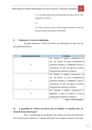 Novas Regras do Seguro-Desemprego e do Abono Salarial. – Perguntas e Respostas 12
12
I - ter recebido salários de pessoa jurídica ou pessoa física a ela
equiparada, relativos:
(...)
c) a cada um dos seis meses imediatamente anteriores à data da
dispensa quando das demais solicitações;
9. Solicitações x Critérios de Habilitação
O quadro demonstra o critério necessário para habilitação em cada uma das
solicitações do benefício.
Solicitação do Benefício Critérios
1°
Ter recebido 18 salários, consecutivos ou
não, nos últimos 24 meses imediatamente
anteriores à dispensa, e trabalhado 18 meses,
consecutivos ou não, nos últimos 36 meses
imediatamente anteriores à dispensa.
2º
Ter recebido 12 salários, consecutivos ou
não, nos últimos 16 meses imediatamente
anteriores à dispensa, e trabalhado 12 meses,
consecutivos ou não, nos últimos 36 meses
imediatamente anteriores à dispensa.
3°
Ter recebido 6 salários consecutivos e
trabalhado 6 meses nos últimos 36 meses
imediatamente anteriores à dispensa.
Tabela 1 – Critérios de Habilitação.
10. A quantidade de salários necessários para se habilitar no benefício deve ser
obtida de forma ininterrupta?
Não. A comprovação do recebimento dos salários de forma ininterrupta não
será necessária para a primeira e a segunda solicitação. Essa exigência somente é necessária
 