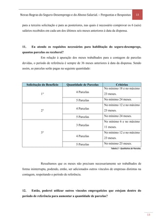 Novas Regras do Seguro-Desemprego e do Abono Salarial. – Perguntas e Respostas 13
13
para a terceira solicitação e para as posteriores, nas quais é necessário comprovar os 6 (seis)
salários recebidos em cada um dos últimos seis meses anteriores à data da dispensa.
11. Eu atendo os requisitos necessários para habilitação do seguro-desemprego,
quantas parcelas eu receberei?
Em relação à apuração dos meses trabalhados para a contagem de parcelas
devidas, o período de referência é sempre de 36 meses anteriores à data da dispensa. Sendo
assim, as parcelas serão pagas na seguinte quantidade:
Solicitação do Benefício Quantidade de Parcelas Critérios
1°
4 Parcelas
No mínimo 18 e no máximo
23 meses.
5 Parcelas No mínimo 24 meses.
2°
4 Parcelas
No mínimo 12 e no máximo
23 meses.
5 Parcelas No mínimo 24 meses.
3°
3 Parcelas
No mínimo 6 e no máximo
11 meses.
4 Parcelas
No mínimo 12 e no máximo
23 meses.
5 Parcelas No mínimo 23 meses.
Tabela 2 – Qualitativo de Parcelas.
Ressaltamos que os meses não precisam necessariamente ser trabalhados de
forma ininterrupta, podendo, então, ser adicionados outros vínculos de empresas distintas na
contagem, respeitando o período de referência.
12. Então, poderei utilizar outros vínculos empregatícios que estejam dentro do
período de referência para aumentar a quantidade de parcelas?
 