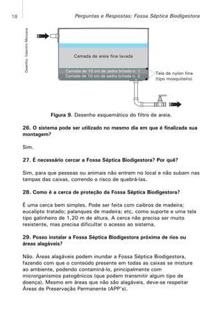 Perguntas e Respostas: Fossa Séptica Biodigestora
Desenho: Valentim Monzane

18

Camada de areia fina lavada
Camada de 10 cm de pedra britada n. 1
Camada de 10 cm de pedra britada n. 3

Tela de nylon fina
(tipo mosquiteiro)

Figura 9. Desenho esquemático do filtro de areia.
26. O sistema pode ser utilizado no mesmo dia em que é finalizada sua
montagem?
Sim.
27. É necessário cercar a Fossa Séptica Biodigestora? Por quê?
Sim, para que pessoas ou animais não entrem no local e não subam nas
tampas das caixas, correndo o risco de quebrá-las.
28. Como é a cerca de proteção da Fossa Séptica Biodigestora?
É uma cerca bem simples. Pode ser feita com caibros de madeira;
eucalipto tratado; palanques de madeira; etc, como suporte e uma tela
tipo galinheiro de 1,20 m de altura. A cerca não precisa ser muito
resistente, mas precisa dificultar o acesso ao sistema.
29. Posso instalar a Fossa Séptica Biodigestora próxima de rios ou
áreas alagáveis?
Não. Áreas alagáveis podem inundar a Fossa Séptica Biodigestora,
fazendo com que o conteúdo presente em todas as caixas se misture
ao ambiente, podendo contaminá-lo, principalmente com
microrganismos patogênicos (que podem transmitir algum tipo de
doença). Mesmo em áreas que não são alagáveis, deve-se respeitar
Áreas de Preservação Permanente (APP’s).

 