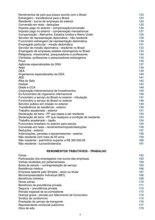 Rendimentos de país que possui acordo com o Brasil 122
Estrangeiro - transferência para o Brasil 123
Residente - lucros de empresas do exterior 124
Conversão em reais - deduções 125
Imposto pago no exterior - compensação/conversão 126
Imposto pago no exterior - compensação mensal/anual 127
Compensação - Alemanha, Estados Unidos e Reino Unido 128
Servidor de representação diplomática - não residente 129
Funcionário estrangeiro de representação diplomática 130
Empregado particular - missão diplomática 131
Servidor de missão diplomática - residente no Brasil 132
Empregado de empresas estatais estrangeiras no Brasil 133
Religiosos, missionários, pesquisadores e professores 134
Cientistas, professores e pesquisadores estrangeiros 135
Pnud 136
Agências especializadas da ONU 137
Aladi 138
OEA 139
Organismos especializados da OEA 140
AEE 141
Ritla do Sela 142
Intelsat 143
Olade e CCA 144
Corporação Interamericana de Investimentos 145
Ex-funcionário de organismo internacional 146
Funcionário a serviço do Brasil no exterior - tributação 147
Funcionário a serviço do Brasil no exterior 148
Servidor público em missão no exterior 149
Transferência de residência - exterior 150
Trabalho assalariado - exterior 151
Declaração de bens - PF que passa a ser residente 152
Declaração de bens - PF que readquire a condição de residente 153
Trabalho assalariado - Japão 154
Funcionário brasileiro no exterior para estudo 155
Conversão em reais - rendimentos/imposto/deduções 156
Deduções - exterior 157
Indenizações, pensões e aposentadorias - exterior 158
Não residente com mais de 65 anos 159
Não residente - patrimônio superior a R$ 300.000,00 160
Não residente - lucros/dividendos 161
RENDIMENTOS TRIBUTÁVEIS - TRABALHO
Férias 162
Participação dos empregados nos lucros das empresas 163
Verbas recebidas por parlamentares 164
Bolsa de estudo – contraprestação de serviço 165
Residência médica 166
Empresa optante pelo Simples - sócio ou titular
Microempreendedor Individual (MEI)
167
168
Benefícios indiretos 169
Horas extras 170
Benefícios da previdência privada
Seguros – previdência privada
171
172
Pensão especial de ex-combatente 173
Doença grave - pensão por falecimento de funcionário 174
Síndico de condomínio 175
Prestação de serviço de transporte 176
Representante comercial autônomo 177
Obra de arte 178
9
 