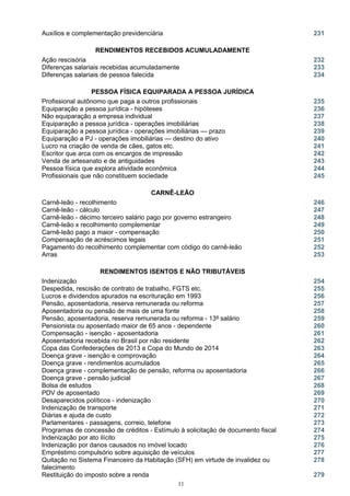 Auxílios e complementação previdenciária 231
RENDIMENTOS RECEBIDOS ACUMULADAMENTE
Ação rescisória 232
Diferenças salariais recebidas acumuladamente 233
Diferenças salariais de pessoa falecida 234
PESSOA FÍSICA EQUIPARADA A PESSOA JURÍDICA
Profissional autônomo que paga a outros profissionais 235
Equiparação a pessoa jurídica - hipóteses 236
Não equiparação a empresa individual 237
Equiparação a pessoa jurídica - operações imobiliárias 238
Equiparação a pessoa jurídica - operações imobiliárias — prazo 239
Equiparação a PJ - operações imobiliárias — destino do ativo 240
Lucro na criação de venda de cães, gatos etc. 241
Escritor que arca com os encargos de impressão 242
Venda de artesanato e de antiguidades 243
Pessoa física que explora atividade econômica 244
Profissionais que não constituem sociedade 245
CARNÊ-LEÃO
Carnê-leão - recolhimento 246
Carnê-leão - cálculo 247
Carnê-leão - décimo terceiro salário pago por governo estrangeiro 248
Carnê-leão x recolhimento complementar 249
Carnê-leão pago a maior - compensação 250
Compensação de acréscimos legais 251
Pagamento do recolhimento complementar com código do carnê-leão 252
Arras 253
RENDIMENTOS ISENTOS E NÃO TRIBUTÁVEIS
Indenização 254
Despedida, rescisão de contrato de trabalho, FGTS etc. 255
Lucros e dividendos apurados na escrituração em 1993 256
Pensão, aposentadoria, reserva remunerada ou reforma 257
Aposentadoria ou pensão de mais de uma fonte 258
Pensão, aposentadoria, reserva remunerada ou reforma - 13º salário 259
Pensionista ou aposentado maior de 65 anos - dependente 260
Compensação - isenção - aposentadoria 261
Aposentadoria recebida no Brasil por não residente 262
Copa das Confederações de 2013 e Copa do Mundo de 2014 263
Doença grave - isenção e comprovação 264
Doença grave - rendimentos acumulados 265
Doença grave - complementação de pensão, reforma ou aposentadoria 266
Doença grave - pensão judicial 267
Bolsa de estudos 268
PDV de aposentado 269
Desaparecidos políticos - indenização 270
Indenização de transporte 271
Diárias e ajuda de custo 272
Parlamentares - passagens, correio, telefone 273
Programas de concessão de créditos - Estímulo à solicitação de documento fiscal 274
Indenização por ato ilícito 275
Indenização por danos causados no imóvel locado 276
Empréstimo compulsório sobre aquisição de veículos 277
Quitação no Sistema Financeiro da Habitação (SFH) em virtude de invalidez ou
falecimento
278
Restituição do imposto sobre a renda 279
11
 