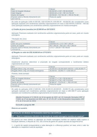 Item Cálculo
Valor do resgate tributável 49,504.95 x 2,00 = R$ 99.009,90
Valor Original 49,504.95 x 2,50 = R$ 123.762,38
Ganho de Capital 99.009,90 - 123.762,38 = - R$ 24.752,48
Imposto sobre a Renda (Vencimento em
29/11/2013)
Perda de capital
Do saldo da aplicação (US$ 51,000.00), US$ 50,495.05 (100,000.00 - 49,504.95) são considerados como
aplicação realizada com rendimentos auferidos originariamente em reais e US$ 504.95 (1,000.00 – 495.05)
como aplicação realizada com rendimentos auferidos originariamente em moeda estrangeira.
c) Crédito de juros (sacados) de U$ 600.00 em 20/12/2013
Aplicação Financeira realizada com rendimentos auferidos originariamente parte em reais, parte em moeda
estrangeira.
Tributação dos Juros
Item Cálculo
Valor dos juros creditados US$ 600.00 x 2,10 = R$ 1.260,00
Ganho de Capital R$ 1.260,00 – R$ 0,00 = R$ 1.260,00
Imposto sobre a Renda (Vencimento em
31/01/2013)
0,15 x 1.260,00 = R$ 189,00
d) Resgate no valor de US$ 30,000.00 em 27/12/2013
Aplicação Financeira realizada com rendimentos auferidos originariamente parte em reais, parte em moeda
estrangeira.
Inicialmente devemos determinar a proporção do resgate correspondente a rendimentos obtidos
originariamente em reais.
Item Cálculo
Resgate (Rend. Orig. em reais) 30,000.00 x 50,000.00/51,600.00 = US$ 29,069.77
Resgate (Rend. Orig. em moeda estrangeira) 30,000.00 - 29,069.77 = US$ 930.23
Portanto, neste exemplo:
Item Cálculo
Valor do resgate tributável 29,069.77 x 2,30 = R$ 66.860,47
Valor Original 29,069.77 x 2,50 = R$ 72.674,42
Ganho de Capital 66.860,47 - 72.674,42 = - R$ 5.813,95
Imposto sobre a Renda (Vencimento em
31/1/2014)
Perda de capital
Do saldo da aplicação (US$ 21,600.00), US$ 20,930.23 (50,000.00 - 29,069.77) são considerados como
aplicação realizada com rendimentos auferidos originariamente em reais e US$ 669.77 como aplicação
realizada com rendimentos auferidos originariamente em moeda estrangeira.
(Medida Provisória nº 2.158-35, de 24 de agosto de 2001, art. 23; Instrução Normativa SRF nº
118/00, de 27 de dezembro de 2000, arts. 2º, 4º, 6º e 8º ; e Ato Declaratório Interpretativo SRF
nº 8, de 23 de abril de 2003)
Consulte a pergunta 589
Retorno ao sumário
ALIENAÇÃO DE MOEDA ESTRANGEIRA MANTIDA EM ESPÉCIE
591 — Qual é o tratamento tributário da alienação de moeda estrangeira mantida em espécie?
Os ganhos em reais obtidos na alienação de moeda estrangeira mantida em espécie estão sujeitos à
tributação definitiva, à alíquota de 15%, sob a forma de ganho de capital, apurado da seguinte forma:
1 - o ganho de capital correspondente a cada alienação é a diferença positiva, em reais, entre o valor de
alienação e o respectivo custo de aquisição;
251
 