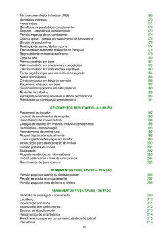 10
Microempreendedor Individual (MEI) 169
Benefícios indiretos 170
Horas extras 171
Benefícios da previdência complementar
Seguros – previdência complementar
172
173
Pensão especial de ex-combatente 174
Doença grave - pensão por falecimento de funcionário 175
Síndico de condomínio 176
Prestação de serviço de transporte
Transportador autônomo residente no Paraguai
177
178
Representante comercial autônomo 179
Obra de arte 180
Prêmio recebido em bens 181
Prêmio recebido em concursos e competições 182
Prêmio recebido em competições esportivas 183
Fonte pagadora que assume o ônus do imposto 184
Notas promissórias 185
Dívida perdoada em troca de serviços 186
Pagamento efetuado em bens 187
Rendimentos recebidos em mês posterior 188
Acidente de trabalho 189
Vantagem pecuniária individual e abono permanência 190
Restituição da contribuição previdenciária 191
RENDIMENTOS TRIBUTÁVEIS - ALUGUÉIS
Pagamento ao locador 192
Usufruto de rendimentos de aluguéis 193
Rendimentos de imóvel cedido 194
Locação de espaço em imóveis, inclusive condomínios 195
Benfeitorias - compensação 196
Arrendamento de imóvel rural 197
Aluguel depositado judicialmente 198
Luvas e gratificações pagas ao locador 199
Indenização para desocupação do imóvel 200
Cessão gratuita de imóvel 201
Sublocação 202
Aluguéis recebidos por não residente 203
Imóvel pertencente a mais de uma pessoa 204
Rendimentos de bens comuns 205
RENDIMENTOS TRIBUTÁVEIS — PENSÃO
Pensão paga por acordo ou decisão judicial 206
Pensão recebida acumuladamente 207
Pensão paga por meio de bens e direitos 208
RENDIMENTOS TRIBUTÁVEIS - OUTROS
Servidão de passagem - indenização 209
Laudêmio 210
Indenização por morte 211
Indenização por danos morais 212
Encargo de doação modal 213
Rendimentos de empréstimos 214
Rendimentos pagos em cumprimento de decisão judicial 215
Precatórios 216
 