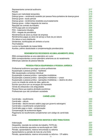 11
Representante comercial autônomo 217
Pecúlio 218
Seguro por inatividade temporária 219
Doença grave – rendimento recebido por pessoa física portadora de doença grave 220
Doença grave - laudo pericial 221
Doença grave - rendimentos recebidos acumuladamente 222
Doença grave - militar integrante de reserva 223
Rescisão de contrato de trabalho 224
FGTS pago pelo ex-empregador 225
PDV - tratamento tributário 226
PDV - resgate de previdência 227
Rendimentos de sócio ou titular de empresa
Rendimentos pagos ao sócio de serviço a título de pro labore
228
229
Pro labore e lucro distribuído 230
Dividendos, bonificações em dinheiro e lucros 231
Pool hoteleiro 232
Lucros na liquidação da massa falida 233
Auxílios, prêmio assiduidade e complementação previdenciária 234
RENDIMENTOS RECEBIDOS ACUMULADAMENTE (RRA)
RRA correspondentes ao ano-calendário em curso 235
RRA correspondentes a anos-calendário anteriores ao do recebimento 236
Diferenças salariais de pessoa falecida 237
PESSOA FÍSICA EQUIPARADA A PESSOA JURÍDICA
Profissional autônomo que paga a outros profissionais 238
Equiparação a pessoa jurídica - hipóteses 239
Não equiparação a empresa individual 240
Equiparação a pessoa jurídica - operações imobiliárias 241
Equiparação a pessoa jurídica - operações imobiliárias — prazo 242
Equiparação a pessoa jurídica - operações imobiliárias — destino do ativo 243
Lucro na criação de venda de cães, gatos etc. 244
Escritor que arca com os encargos de impressão 245
Venda de artesanato e de antiguidades 246
Pessoa física que explora atividade econômica 247
Profissionais que não constituem sociedade 248
CARNÊ-LEÃO
Carnê-leão - recolhimento 249
Carnê-leão - cálculo 250
Carnê-leão - décimo terceiro salário pago por governo estrangeiro 251
Carnê-leão x recolhimento complementar 252
Carnê-leão pago a maior - compensação 253
Compensação de acréscimos legais 254
Pagamento do recolhimento complementar com código do carnê-leão 255
Arras 256
RENDIMENTOS ISENTOS E NÃO TRIBUTÁVEIS
Indenização 257
Despedida, rescisão de contrato de trabalho, FGTS etc. 258
Lucros e dividendos apurados na escrituração em 1993 259
Pensão, aposentadoria, reserva remunerada ou reforma 260
Aposentadoria ou pensão de mais de uma fonte 261
Pensão, aposentadoria, reserva remunerada ou reforma - 13º salário 262
 
