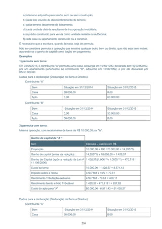 230
a) o terreno adquirido para venda, com ou sem construção;
b) cada lote oriundo de desmembramento de terreno;
c) cada terreno decorrente de loteamento;
d) cada unidade distinta resultante de incorporação imobiliária;
e) o prédio construído para venda como unidade isolada ou autônoma;
f) cada casa ou apartamento construído ou a construir.
É necessário que a escritura, quando lavrada, seja de permuta.
Não se considera permuta a operação que envolva qualquer outro bem ou direito, que não seja bem imóvel,
apurando-se o ganho de capital como dação em pagamento.
Exemplos
1) permuta sem torna:
Em 04/05/2015, o contribuinte "A" permutou uma casa, adquirida em 15/10/1990, declarada por R$ 60.000,00,
por um apartamento pertencente ao contribuinte "B", adquirido em 10/06/1992, e por ele declarado por
R$ 50.000,00.
Dados para a declaração (Declaração de Bens e Direitos):
Contribuinte “A”
Bem Situação em 31/12/2014 Situação em 31/12/2015
Casa 60.000,00 0,00
Apto. 0,00 60.000,00
Contribuinte “B”
Bem Situação em 31/12/2014 Situação em 31/12/2015
Casa 0,00 50.000,00
Apto. 50.000,00 0,00
2) permuta com torna:
Mesma operação, com recebimento de torna de R$ 10.000,00 por "A".
Ganho de capital de "A":
Item Cálculos – valores em R$
Proporção 10.000,00 x 100 / 70.000,00 = 14,2857%
Ganho de capital (antes da redução) 14,2857% x 10.000,00 = 1.428,57
Ganho de Capital (após a redução da Lei nº
11.196/2006)
1.428,57/(1,006119x 1,0035114) = 470,7181
Custo da torna 10.000,00 - 1.428,57 = 8.571,43
Imposto sobre a renda 470,7181 x 15% = 70,61
Rendimento Tributação exclusiva 470,7181 - 70,61 = 400,11
Rendimento Isento e Não Tributável 1.428,57 - 470,7181 = 957,85
Custo do apto para "A" 60.000,00 - 8.571,43 = 51.428,57
Dados para a declaração (Declaração de Bens e Direitos):
Contribuinte “A”
Bem Situação em 31/12/2014 Situação em 31/12/2015
Casa 60.000,00 0,00
 
