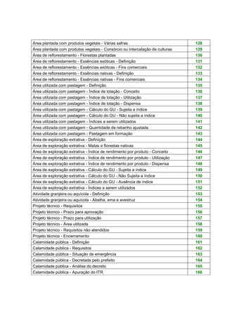 Área plantada com produtos vegetais - Várias safras 128
Área plantada com produtos vegetais - Consórcio ou intercalação de culturas 129
Área de reflorestamento - Florestas plantadas 130
Área de reflorestamento - Essências exóticas - Definição 131
Área de reflorestamento - Essências exóticas - Fins comerciais 132
Área de reflorestamento - Essências nativas - Definição 133
Área de reflorestamento - Essências nativas - Fins comerciais 134
Área utilizada com pastagem - Definição 135
Área utilizada com pastagem - Índice de lotação - Conceito 136
Área utilizada com pastagem - Índice de lotação - Utilização 137
Área utilizada com pastagem - Índice de lotação - Dispensa 138
Área utilizada com pastagem - Cálculo do GU - Sujeita a índice 139
Área utilizada com pastagem - Cálculo do GU - Não sujeita a índice 140
Área utilizada com pastagem - Índices a serem utilizados 141
Área utilizada com pastagem - Quantidade de rebanho ajustada 142
Área utilizada com pastagem - Pastagem em formação 143
Área de exploração extrativa - Definição 144
Área de exploração extrativa - Matas e florestas nativas 145
Área de exploração extrativa - Índice de rendimento por produto - Conceito 146
Área de exploração extrativa - Índice de rendimento por produto - Utilização 147
Área de exploração extrativa - Índice de rendimento por produto - Dispensa 148
Área de exploração extrativa - Cálculo do GU - Sujeita a índice 149
Área de exploração extrativa - Cálculo do GU - Não Sujeita a índice 150
Área de exploração extrativa - Cálculo do GU - Ausência de índice 151
Área de exploração extrativa - Índices a serem utilizados 152
Atividade granjeira ou aquícola - Definição 153
Atividade granjeira ou aquícola - Abelha, ema e avestruz 154
Projeto técnico - Requisitos 155
Projeto técnico - Prazo para aprovação 156
Projeto técnico - Prazo para utilização 157
Projeto técnico - Área utilizada 158
Projeto técnico - Requisitos não atendidos 159
Projeto técnico - Encerramento 160
Calamidade pública - Definição 161
Calamidade pública - Requisitos 162
Calamidade pública - Situação de emergência 163
Calamidade pública - Decretada pelo prefeito 164
Calamidade pública - Análise do decreto 165
Calamidade pública - Apuração do ITR 166
 
