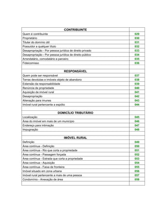 CONTRIBUINTE
Quem é contribuinte 029
Proprietário 030
Titular do domínio útil 031
Possuidor a qualquer título 032
Desapropriação - Por pessoa jurídica de direito privado 033
Desapropriação - Por pessoa jurídica de direito público 034
Arrendatário, comodatário e parceiro 035
Fideicomisso 036
RESPONSÁVEL
Quem pode ser responsável 037
Terras devolutas e imóveis objeto de abandono 038
Extensão da responsabilidade 039
Renúncia de propriedade 040
Aquisição de imóvel rural 041
Desapropriação 042
Alienação para imunes 043
Imóvel rural pertencente a espólio 044
DOMICÍLIO TRIBUTÁRIO
Localização 045
Área do imóvel em mais de um município 046
Endereço para intimação 047
Impugnação 048
IMÓVEL RURAL
Definição 049
Área contínua - Definição 050
Área contínua - Rio que corta a propriedade 051
Área contínua - Passagem forçada 052
Área contínua - Estrada que corta a propriedade 053
Área contínua - Aquisição 054
Área contínua - Faixa de fronteira 055
Imóvel situado em zona urbana 056
Imóvel rural pertencente a mais de uma pessoa 057
Condomínio - Anexação de área 058
 