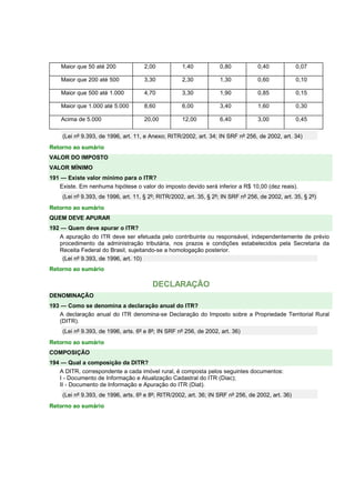 Maior que 50 até 200 2,00 1,40 0,80 0,40 0,07 
Maior que 200 até 500 3,30 2,30 1,30 0,60 0,10 
Maior que 500 até 1.000 4,70 3,30 1,90 0,85 0,15 
Maior que 1.000 até 5.000 8,60 6,00 3,40 1,60 0,30 
Acima de 5.000 20,00 12,00 6,40 3,00 0,45 
(Lei nº 9.393, de 1996, art. 11, e Anexo; RITR/2002, art. 34; IN SRF nº 256, de 2002, art. 34) 
Retorno ao sumário 
VALOR DO IMPOSTO 
VALOR MÍNIMO 
191 — Existe valor mínimo para o ITR? 
Existe. Em nenhuma hipótese o valor do imposto devido será inferior a R$ 10,00 (dez reais). 
(Lei nº 9.393, de 1996, art. 11, § 2º; RITR/2002, art. 35, § 2º; IN SRF nº 256, de 2002, art. 35, § 2º) 
Retorno ao sumário 
QUEM DEVE APURAR 
192 — Quem deve apurar o ITR? 
A apuração do ITR deve ser efetuada pelo contribuinte ou responsável, independentemente de prévio 
procedimento da administração tributária, nos prazos e condições estabelecidos pela Secretaria da 
Receita Federal do Brasil, sujeitando-se a homologação posterior. 
(Lei nº 9.393, de 1996, art. 10) 
Retorno ao sumário 
DECLARAÇÃO 
DENOMINAÇÃO 
193 — Como se denomina a declaração anual do ITR? 
A declaração anual do ITR denomina-se Declaração do Imposto sobre a Propriedade Territorial Rural 
(DITR). 
(Lei nº 9.393, de 1996, arts. 6º e 8º; IN SRF nº 256, de 2002, art. 36) 
Retorno ao sumário 
COMPOSIÇÃO 
194 — Qual a composição da DITR? 
A DITR, correspondente a cada imóvel rural, é composta pelos seguintes documentos: 
I - Documento de Informação e Atualização Cadastral do ITR (Diac); 
II - Documento de Informação e Apuração do ITR (Diat). 
(Lei nº 9.393, de 1996, arts. 6º e 8º; RITR/2002, art. 36; IN SRF nº 256, de 2002, art. 36) 
Retorno ao sumário 
 