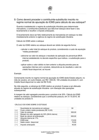 15




9. Como deverá proceder o contribuinte-substituído inscrito no
   regime normal de apuração do ICMS para cálculo do seu estoque?
  Quando é estabelecido o regime de substituição tributária para determinada
  mercadoria, o contribuinte-substituído que dela tiver estoque deve fazer o seu
  levantamento e recolher o imposto antecipado.

  O levantamento deve ser feito relativamente às mercadorias em estoque na data
  imediatamente anterior à vigência do regime de substituição tributária.

  Cálculo do ICMS sobre o estoque

  O valor do ICMS relativo ao estoque deverá ser obtido da seguinte forma:

       - calcular o valor total do estoque do produto, considerando o custo de aquisição
          “média ponderada!”;

       - adicionar ao valor do estoque o resultado da aplicação do percentual (MVA
          interna) estabelecido no decreto específico que instituiu a substituição para o
          produto;

       - aplicar sobre o valor obtido no item anterior a alíquota prevista para as
          operações internas com o produto, deduzindo-se do resultado o valor do
          crédito fiscal disponível, se houver.

Exemplo

Comerciante inscrito no regime normal de apuração do ICMS deste Estado adquire, no
mês de outubro, em outro Estado, por R$ 1.000,00, 100 unidades do produto X, com
Crédito fiscal disponível no valor de R$ 70,00.

No mês seguinte, a cobrança do ICMS relativo ao produto X passa a ser efetuada
através do regime de substituição tributária com liberação das operações
subsequentes.

A margem de valor agregado prevista para o produto é de 30%. Cálculo do ICMS
relativo ao estoque, considerando que o contribuinte possuía, em 31.10.2010, 50
unidades do produto X:


CÁLCULO DO ICMS SOBRE O ESTOQUE

       Quantidade de mercadoria em estoque                             50
(x)    Custo unitário média ponderada (R$ 10,00)
(=)    Valor do estoque                                               500,00
(+)    Margem de valor agregado de 30% (MVA interna)
(=)    Base de cálculo da antecipação                                 650,00
(x)    Alíquota interna de 17%
(=)    ICMS total                                                     110,50
(-)    Saldo credor disponível                                         70,00
(=)    Imposto antecipado                                              40,50



                                 SUBSTITUIÇÃO TRIBUTÁRIA
                                        PERNAMBUCO
 