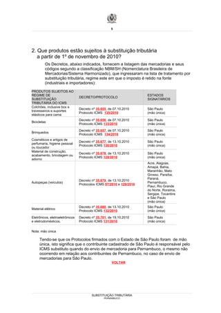 5




2. Que produtos estão sujeitos à substituição tributária
   a partir de 1º de novembro de 2010?
         Os Decretos, abaixo indicados, fornecem a listagem das mercadorias e seus
         códigos segundo a classificação NBM/SH (Nomenclatura Brasileira de
         Mercadorias/Sistema Harmonizado), que ingressaram na lista de tratamento por
         substituição tributária, regime este em que o imposto é retido na fonte
         (industriais e importadores):

PRODUTOS SUJEITOS AO
REGIME DE                                                             ESTADOS
                                 DECRETO/PROTOCOLO
SUBSTITUIÇÃO                                                          SIGNATÁRIOS
TRIBUTÁRIA DO ICMS
Colchões, inclusive box e
                                 Decreto nº 35.655, de 07.10.2010     São Paulo
travesseiros e suportes
                                 Protocolo ICMS 135/2010              (mão única)
elásticos para cama
                                 Decreto nº 35.656, de 07.10.2010     São Paulo
Bicicletas
                                 Protocolo ICMS 133/2010              (mão única)
                                 Decreto nº 35.657, de 07.10.2010     São Paulo
Brinquedos
                                 Protocolo ICMS 134/2010              (mão única)
Cosméticos e artigos de
                                 Decreto nº 35.677, de 13.10.2010     São Paulo
perfumaria, higiene pessoal
                                 Protocolo ICMS 130/2010              (mão única)
ou toucador
Material de construção,
                                 Decreto nº 35.678, de 13.10.2010     São Paulo
acabamento, bricolagem ou
                                 Protocolo ICMS 128/2010              (mão única)
adorno
                                                                      Acre, Alagoas,
                                                                      Amapá, Bahia,
                                                                      Maranhão, Mato
                                                                      Grosso, Paraíba,
                                                                      Paraná,
                                 Decreto nº 35.679, de 13.10.2010
Autopeças (veículos)                                                  Pernambuco,
                                 Protocolos ICMS 97/2010 e 129/2010
                                                                      Piauí, Rio Grande
                                                                      do Norte, Roraima,
                                                                      Sergipe, Tocantins
                                                                      e São Paulo
                                                                      (mão única)
                                 Decreto nº 35.680, de 13.10.2010     São Paulo
Material elétrico
                                 Protocolo ICMS 132/2010              (mão única)
Eletrônicos, eletroeletrônicos   Decreto nº 35.701, de 19.10.2010     São Paulo
e eletrodomésticos.              Protocolo ICMS 131/2010              (mão única)


Nota: mão única

     Tendo-se que os Protocolos firmados com o Estado de São Paulo foram de mão
     única, isto significa que o contribuinte cadastrado de São Paulo é responsável pelo
     ICMS substituto quando do envio de mercadoria para Pernambuco, o mesmo não
     ocorrendo em relação aos contribuintes de Pernambuco, no caso de envio de
     mercadorias para São Paulo.
                                                     VOLTAR




                                         SUBSTITUIÇÃO TRIBUTÁRIA
                                                PERNAMBUCO
 