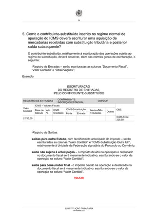 9




5. Como o contribuinte-substituído inscrito no regime normal de
    apuração do ICMS deverá escriturar uma aquisição de
    mercadorias recebidas com substituição tributária e posterior
    saída subsequente?
    O contribuinte-substituído, relativamente à escrituração das operações sujeita ao
    regime de substituição, deverá observar, além das normas gerais de escrituração, o
    seguinte:

       -Registro de Entradas – serão escrituradas as colunas “Documento Fiscal”,
       “Valor Contábil” e “Observações”;

Exemplo


                                    ESCRITURAÇÃO
                               DO REGISTRO DE ENTRADAS
                             PELO CONTRIBUINTE-SUBSTITUÍDO

                               CONTRIBUINTE:
REGISTRO DE ENTRADAS                                                 CNPJ/MF
                               INSCRIÇÃO ESTADUAL
           ICMS – Valores Fiscais
Valor                                     ICMS-Substituição
           Base de   Alíq.   ICMS                              Isentas/Não            OBS.
Contábil                                                                     Outras
           Cálculo   %       Creditado    Fonte      Entrada   Tributadas
                                                                                      ICMS-fonte:
2.750,00
                                                                                      229,50




       -Registro de Saídas:

       saídas para outro Estado, com recolhimento antecipado do imposto – serão
           escrituradas as colunas “Valor Contábil” e “ICMS-Substituição Outra UF”,
           relativamente à Unidade da Federação signatária do Protocolo ou Convênio;

       saída não sujeita à antecipação – o imposto devido na operação e destacado
           no documento fiscal será meramente indicativo, escriturando-se o valor da
           operação na coluna “Valor Contábil”;

       saída para consumidor final - o imposto devido na operação e destacado no
           documento fiscal será meramente indicativo, escriturando-se o valor da
           operação na coluna “Valor Contábil”.

                                                  VOLTAR




                                         SUBSTITUIÇÃO TRIBUTÁRIA
                                                  PERNAMBUCO
 