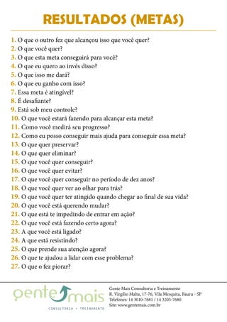 Gente Mais Consultoria e Treinamento
R. Virgílio Malta, 17-76, Vila Mesquita, Bauru - SP
Telefones: 14 3010-7681 / 14 3203-7680
Site: www.gentemais.com.br
RESULTADOS (METAS)
1. O que o outro fez que alcançou isso que você quer?
2. O que você quer?
3. O que esta meta conseguirá para você?
4. O que eu quero ao invés disso?
5. O que isso me dará?
6. O que eu ganho com isso?
7. Essa meta é atingível?
8. É desafiante?
9. Está sob meu controle?
10. O que você estará fazendo para alcançar esta meta?
11. Como você medirá seu progresso?
12. Como eu posso conseguir mais ajuda para conseguir essa meta?
13. O que quer preservar?
14. O que quer eliminar?
15. O que você quer conseguir?
16. O que você quer evitar?
17. O que você quer conseguir no período de dez anos?
18. O que você quer ver ao olhar para trás?
19. O que você quer ter atingido quando chegar ao final de sua vida?
20. O que você está querendo mudar?
21. O que está te impedindo de entrar em ação?
22. O que você está fazendo certo agora?
23. A que você está ligado?
24. A que está resistindo?
25. O que prende sua atenção agora?
26. O que te ajudou a lidar com esse problema?
27. O que o fez piorar?
 