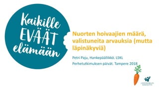 Nuorten hoivaajien määrä,
valistuneita arvauksia (mutta
läpinäkyviä)
Petri Paju, Hankepäällikkö. LSKL
Perhetutkimuksen päivät. Tampere 2018
 
