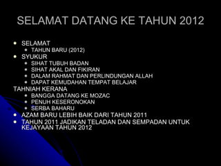 SELAMAT DATANG KE TAHUN 2012 SELAMAT  TAHUN BARU (2012) SYUKUR SIHAT TUBUH BADAN SIHAT AKAL DAN FIKIRAN DALAM RAHMAT DAN PERLINDUNGAN ALLAH DAPAT KEMUDAHAN TEMPAT BELAJAR TAHNIAH KERANA BANGGA DATANG KE MOZAC PENUH KESERONOKAN SERBA BAHARU  AZAM BARU LEBIH BAIK DARI TAHUN 2011  TAHUN 2011 JADIKAN TELADAN DAN SEMPADAN UNTUK KEJAYAAN TAHUN 2012 