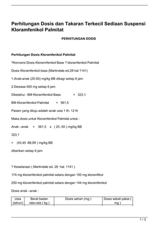 Perhitungan Dosis dan Takaran Terkecil Sediaan Suspensi
Kloramfenikol Palmitat
                                       PERHITUNGAN DOSIS




Perhitungan Dosis Kloramfenikol Palmitat

?Konversi Dosis Kloramrfenikol Base ? kloramfenikol Palmitat

Dosis Kloramfenikol base (Martindale ed.28 hal 1141)

1.Anak-anak (25-50) mg/kg BB dibagi setiap 6 jam

2.Dewasa 500 mg setiap 6 jam

Diketahui : BM Kloramfenikol Base              = 323,1

BM Kloramfenikol Palmitat           = 561,5

Pasien yang dituju adalah anak usia 1 th- 12 th

Maka dosis untuk Kloramfenikol Palmitat untuk :

Anak –anak     =    561,5       x ( 25 -50 ) mg/kg BB

323,1

=   (43,45 -86,89 ) mg/kg BB

diberikan setiap 6 jam




? Kesetaraan ( Martindale ed. 28 hal. 1141 )

174 mg kloramfenikol palmitat setara dengan 100 mg kloramfikol

250 mg kloramfenikol palmitat setara dengan 144 mg kloramfenikol

Dosis anak –anak :

   Usia       Berat badan                 Dosis sehari (mg )     Dosis sekali pakai (
 (tahun)     rata-rata ( kg )                                           mg )




                                                                                        1/3
 