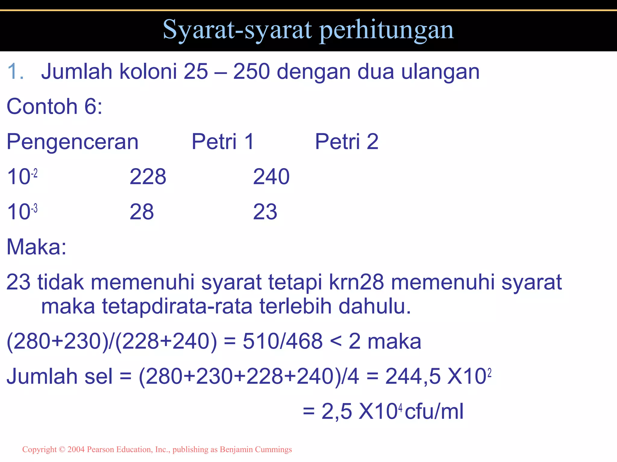 Copyright © 2004 Pearson Education, Inc., publishing as Benjamin Cummings
Syarat-syarat perhitungan
1. Jumlah koloni 25 – 250 dengan dua ulangan
Contoh 6:
Pengenceran Petri 1 Petri 2
10-2
228 240
10-3
28 23
Maka:
23 tidak memenuhi syarat tetapi krn28 memenuhi syarat
maka tetapdirata-rata terlebih dahulu.
(280+230)/(228+240) = 510/468 < 2 maka
Jumlah sel = (280+230+228+240)/4 = 244,5 X102
= 2,5 X104
cfu/ml
 