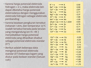 • Karena harga potensial elektroda
hidrogen = 0 v, maka elektroda lain
dapat diketahui harga potensial
elektrodanya dengan menggunakan
elektroda hidrogen sebagai elektroda
pembanding
• Karena keadaan pengkuran tersebut
(tekanan 1 atm, dan temperatur 250C
wadah tersebut berada pada larutan
yang mengandung ion H+ 1M )
menyebabkan harga potensial
elektroda yang dihasilkan disebut
sebagai potensial elektroda standar
(E0)
• Berikut adalah beberapa data
mengenai potensial elektroda
standar (E0) beberapa logam yang
diukur pada kedaan standar (Satuan
volt)
 