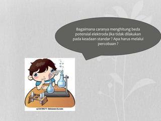 Bagaimana caranya menghitung beda
potensial elektroda jika tidak dilakukan
pada keadaan standar ? Apa harus melalui
percobaan ?
 