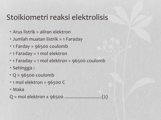 Stoikiometri reaksi elektrolisis
• Arus listrik = aliran elektron
• Jumlah muatan listrik = 1 Faraday
• 1 Farday = 96500 coulomb
• 1 Faraday = 1 mol elektron
• 1 Faraday = 1 mol elektron = 96500 coulomb
• Sehingga :
• Q = 96500 coulomb
• 1 mol elektron = 96500 C
• Maka
Q = mol elektron x 96500 ............................ (2)
 