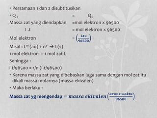 • Persamaan 1 dan 2 disubtitusikan
• Q 1 = Q2
Massa zat yang diendapkan =mol elektron x 96500
I .t = mol elektron x 96500
Mol elektron =
𝒊𝒙 𝒕
𝟗𝟔𝟓𝟎𝟎
Misal : Ln+(aq) + ne-  L(s)
1 mol elektron ~ 1 mol zat L
Sehingga :
i.t/96500 = 1/n (i.t/96500)
• Karena massa zat yang dibebaskan juga sama dengan mol zat itu
dikali massa molarnya (massa ekivalen)
• Maka berlaku :
Massa zat yg mengendap = 𝒎𝒂𝒔𝒔𝒂 𝒆𝒌𝒊𝒗𝒂𝒍𝒆𝒏
𝒂𝒓𝒖𝒔 𝒙 𝒘𝒂𝒌𝒕𝒖
𝟗𝟔𝟓𝟎𝟎
 