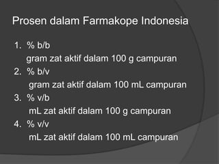 Prosen dalam Farmakope Indonesia

1. % b/b
   gram zat aktif dalam 100 g campuran
2. % b/v
   gram zat aktif dalam 100 mL campuran
3. % v/b
   mL zat aktif dalam 100 g campuran
4. % v/v
   mL zat aktif dalam 100 mL campuran
 