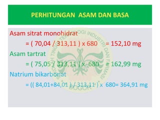 PERHITUNGAN ASAM DAN BASA
Asam sitrat monohidrat
= ( 70,04 / 313,11 ) x 680 = 152,10 mg
Asam tartrat
= ( 75,05 / 313,11 ) x 680 = 162,99 mg
Natrium bikarbonat
= (( 84,01+84,01 ) / 313,11 ) x 680= 364,91 mg
 