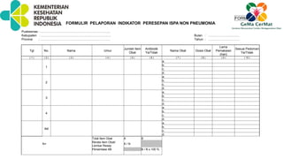 FORM-1
FORMULIR PELAPORAN INDIKATOR PERESEPAN ISPA NON PNEUMONIA
Puskesmas : …………………………………………………………..
Kabupaten : ………………………………………………………….. Bulan : …………………………
Provinsi : ………………………………………………………….. Tahun : …………………………
Tgl No. Nama Umur
Jumlah Item
Obat
Antibiotik
Ya/Tidak
Nama Obat Dosis Obat
Lama
Pemakaian
(hari)
Sesuai Pedoman
Ya/Tidak
( 1 ) ( 2 ) ( 3 ) ( 4 ) ( 5 ) ( 6 ) ( 7 ) ( 8 ) ( 9 ) ( 10 )
1
a.
b.
c.
d.
2
a.
b.
c.
d.
3
a.
b.
c.
d.
4
a.
b.
c.
d.
dst
a.
b.
c.
d.
Total Item Obat A B
N=
Rerata Item Obat/
Lembar Resep
A / N
Persentase AB B / N x 100 %
 