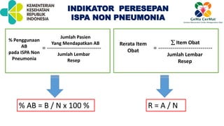 % Penggunaan
AB
pada ISPA Non
Pneumonia
Jumlah Lembar
Resep
Jumlah Pasien
Yang Mendapatkan AB
= ---------------------------
% AB = B / N x 100 %
Rerata Item
Obat
Jumlah Lembar
Resep
 Item Obat
= ---------------------------
R = A / N
INDIKATOR PERESEPAN
ISPA NON PNEUMONIA
 