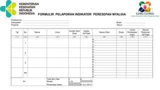 FORM-3
FORMULIR PELAPORAN INDIKATOR PERESEPAN MYALGIA
Puskesmas : …………………………………………………………..
Kabupaten : ………………………………………………………….. Bulan : …………………………
Propinsi : ………………………………………………………….. Tahun : …………………………
Tgl No. Nama Umur
Jumlah Item
Obat
Injeksi
Ya/Tidak
Nama Obat Dosis
Lama
Pemakaian
(hari)
Sesuai
Pedoman
Ya/Tidak
( 1 ) ( 2 ) ( 3 ) ( 4 ) ( 5 ) ( 6 ) ( 8 ) ( 9) ( 10 ) ( 11 )
1
a.
b.
c.
d.
2
a.
b.
c.
d.
3
a.
b.
c.
d.
dst
a.
b.
c.
d.
Total Item Obat A B
N= Rerata A / N
Persentase Injeksi B / N x 100 %
 