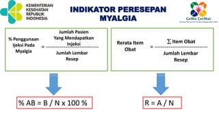 % Penggunaan
Ijeksi Pada
Myalgia Jumlah Lembar
Resep
Jumlah Pasien
Yang Mendapatkan
Injeksi
= ---------------------------
% AB = B / N x 100 %
Rerata Item
Obat
Jumlah Lembar
Resep
 Item Obat
= ---------------------------
R = A / N
INDIKATOR PERESEPAN
MYALGIA
 