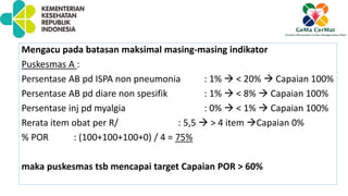 Mengacu pada batasan maksimal masing-masing indikator
Puskesmas A :
Persentase AB pd ISPA non pneumonia : 1%  < 20%  Capaian 100%
Persentase AB pd diare non spesifik : 1%  < 8%  Capaian 100%
Persentase inj pd myalgia : 0%  < 1%  Capaian 100%
Rerata item obat per R/ : 5,5  > 4 item Capaian 0%
% POR : (100+100+100+0) / 4 = 75%
maka puskesmas tsb mencapai target Capaian POR > 60%
 