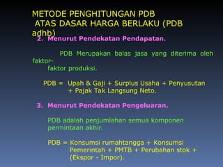 2. Menurut Pendekatan Pendapatan.
PDB Merupakan balas jasa yang diterima oleh
faktor-
faktor produksi.
PDB = Upah & Gaji + Surplus Usaha + Penyusutan
+ Pajak Tak Langsung Neto.
3. Menurut Pendekatan Pengeluaran.
PDB adalah penjumlahan semua komponen
permintaan akhir.
PDB = Konsumsi rumahtangga + Konsumsi
Pemerintah + PMTB + Perubahan stok +
(Ekspor - Impor).
METODE PENGHITUNGAN PDB
ATAS DASAR HARGA BERLAKU (PDB
adhb)
 
