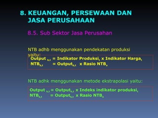 8. KEUANGAN, PERSEWAAN DAN
JASA PERUSAHAAN
8.5. Sub Sektor Jasa Perusahan
NTB adhb menggunakan pendekatan produksi
yaitu:
NTB adhk menggunakan metode ekstrapolasi yaitu:
Output b,t = Indikator Produksit x Indikator Hargat
NTBb,t = Outputb,t x Rasio NTBo
Output k,t = Outputk,t x Indeks indikator produksit
NTBk,t = Outputk,t x Rasio NTBo
 