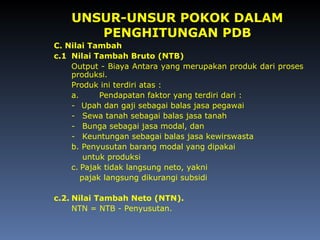 C. Nilai Tambah
c.1 Nilai Tambah Bruto (NTB)
Output - Biaya Antara yang merupakan produk dari proses
produksi.
Produk ini terdiri atas :
a. Pendapatan faktor yang terdiri dari :
- Upah dan gaji sebagai balas jasa pegawai
- Sewa tanah sebagai balas jasa tanah
- Bunga sebagai jasa modal, dan
- Keuntungan sebagai balas jasa kewirswasta
b. Penyusutan barang modal yang dipakai
untuk produksi
c. Pajak tidak langsung neto, yakni
pajak langsung dikurangi subsidi
c.2. Nilai Tambah Neto (NTN).
NTN = NTB - Penyusutan.
UNSUR-UNSUR POKOK DALAM
PENGHITUNGAN PDB
 