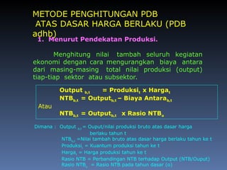 1. Menurut Pendekatan Produksi.
Menghitung nilai tambah seluruh kegiatan
ekonomi dengan cara mengurangkan biaya antara
dari masing-masing total nilai produksi (output)
tiap-tiap sektor atau subsektor.
Output b,t = Produksit x Hargat
NTBb,t = Outputb,t – Biaya Antarab,t
Atau
NTBb,t = Outputb,t x Rasio NTBo
Dimana : Output b,t
= Ouput/nilai produksi bruto atas dasar harga
berlaku tahun t
NTBb,t
=Nilai tambah bruto atas dasar harga berlaku tahun ke t
Produksit
= Kuantum produksi tahun ke t
Hargat
= Harga produksi tahun ke t
Rasio NTB = Perbandingan NTB terhadap Output (NTB/Ouput)
Rasio NTBo
= Rasio NTB pada tahun dasar (o)
METODE PENGHITUNGAN PDB
ATAS DASAR HARGA BERLAKU (PDB
adhb)
 