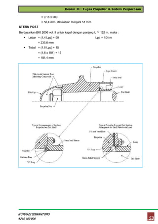 Desain II : Tugas Propeller & Sistem Perporosan
53
NURHADI SISWANTORO
4210 100 006
= 0.18 x 280
= 50,4 mm dibulatkan menjadi 51 mm
STERN POST
Berdasarkan BKI 2006 vol. II untuk kapal dengan panjang L 125 m, maka :
 Lebar = (1,4 Lpp) + 90 Lpp = 104 m
= 235,6 mm
 Tebal = (1.6 Lpp) + 15
= (1,6 x 104) + 15
= 181,4 mm

 