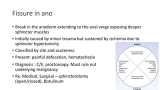 Fissure in ano
• Break in the anoderm extending to the anal verge exposing deeper
sphincter muscles
• Initially caused by minor trauma but sustained by ischemia due to
sphincter hypertonicity
• Classified by site and acuteness
• Present: painful defecation, hematochezia
• Diagnosis : C/E, proctoscopy. Must rule out
underlying malignancy
• Rx: Medical, Surgical – sphincterotomy
(open/closed), Botulinum
 