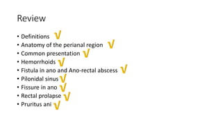 Review
• Definitions
• Anatomy of the perianal region
• Common presentation
• Hemorrhoids
• Fistula in ano and Ano-rectal abscess
• Pilonidal sinus
• Fissure in ano
• Rectal prolapse
• Pruritus ani
 