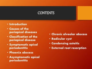 CONTENTS
• Introduction
• Causes of the
periapical diseases
• Classification of the
periapical disease
• Symptomatic apica...