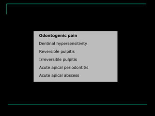 Odontogenic pain
Dentinal hypersensitivity
Reversible pulpitis
Irreversible pulpitis
Acute apical periodontitis
Acute apical abscess
 