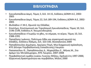 • Εγκυκλοπαίδεια Δομή, Τόμος 3, Σελ. 14-15, Εκδόσεις ΔΟΜΗ Α.Ε, 2002-
  2005
• Εγκυκλοπαίδεια Δομή, Τόμος 22, Σελ.189-194, Εκδόσεις ΔΟΜΗ Α.Ε, 2002-
  2005
• Φυλλάδιο Ι.Γ.Μ.Ε, Ορυκτά της Ελλάδας
• Επιστήμη, Επιστημονική και Τεχνολογική Εγκυκλοπαίδεια, Τόμος 10, Σελ.
  2196-2199, Εκδόσεις Κ. Κουμουνδουρέας
• Εγκυκλοπαίδεια «Γνωρίζω το χθες, το σήμερα, το αύριο, Τόμος 10, Σελ.
  2388-2391
• Παπαζήσης Ιωάννης, Πολύτιμοι λίθοι και στρατηγικά ορυκτά της
  Ελλάδος, Εκδόσεις Κάδμος, Σελ. 323-330, Θεσσαλονίκη 2009
• Παπαδόπουλος Δημήτρης, Αργύρου Πηγή, Μια διαχρονική πρόσκληση,
  ΚΠΕ (Κέντρο Περιβαλλοντικής Εκπαίδευσης) Λαυρίου
• Παπαπαύλου Θ., Παπαδόπουλος Δ., Μιχαηλίδου Ε., Μήνος Μ., Στο
  Δρόμο του Μεταλλωρύχου, ΚΠΕ Λαυρίου, 2007-2008
• Περιβαλλοντική ομάδα ενιαίου Λυκείου Μήλου, Σχολικά έτη 1997-2000,
  Εξορυκτική δραστηριότητα και περιβάλλον, Μήλος 2000

                                                                     33
 